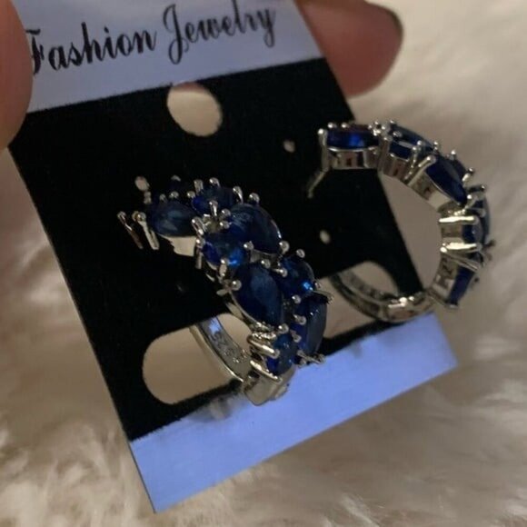 14k White Gold Plated Blue Diamond Hoop Earrings - Picture 5 of 5